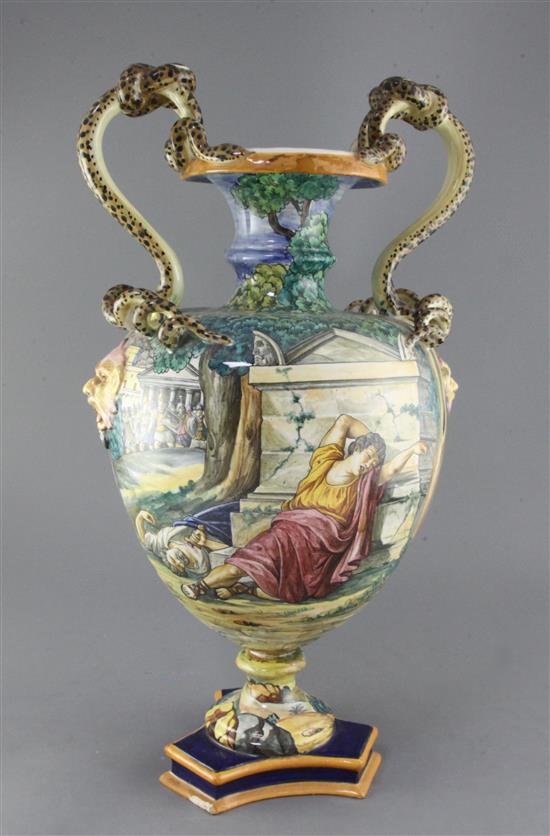 A large Italian maiolica Historiata Campana shaped urn, 20th century, 56.5cm